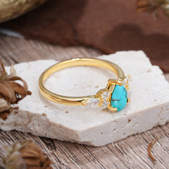 3 Prong Classic Pear Cut Side Stone Turquoise Engagement Ring