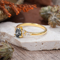 Classic Pear Shaped Side Stone Black Rutilated Quartz Engagement Ring