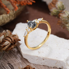 Classic Pear Shaped Side Stone Black Rutilated Quartz Engagement Ring