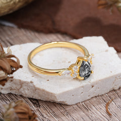 Classic Pear Shaped Side Stone Black Rutilated Quartz Engagement Ring