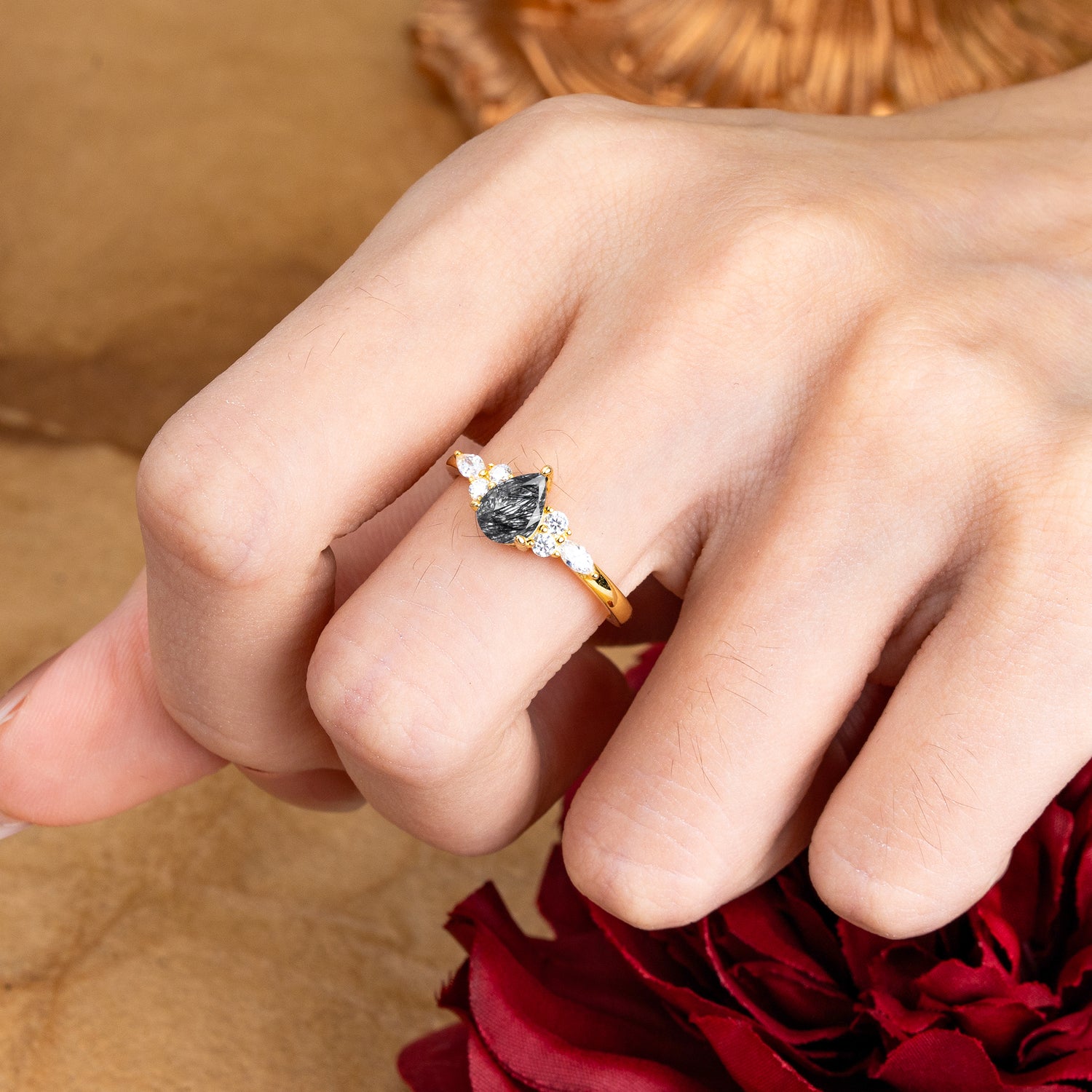 Classic Pear Shaped Side Stone Black Rutilated Quartz Engagement Ring