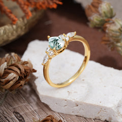 Classic Pear Shaped Side Stone Moss Agate Engagement Ring