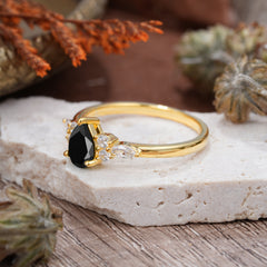 3 Prong Classic Pear Cut Side Stone Black Onyx Engagement Ring