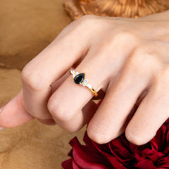 3 Prong Classic Pear Cut Side Stone Black Onyx Engagement Ring