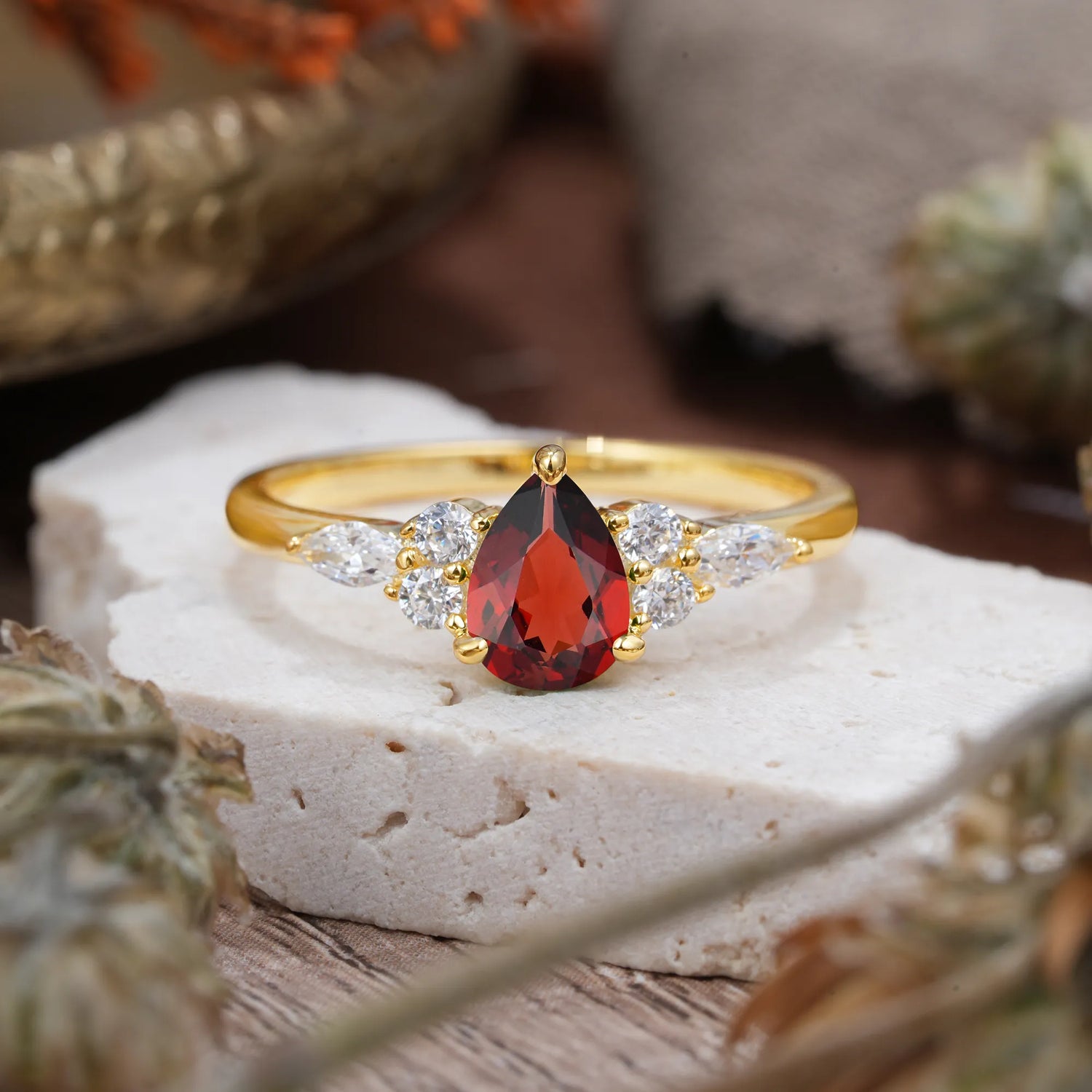3 Prong Classic Pear Cut Side Stone Garnet Engagement Ring