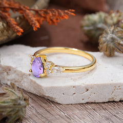 3 Prong Classic Pear Cut Side Stone Amethyst Engagement Ring