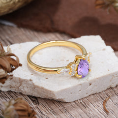 3 Prong Classic Pear Cut Side Stone Amethyst Engagement Ring