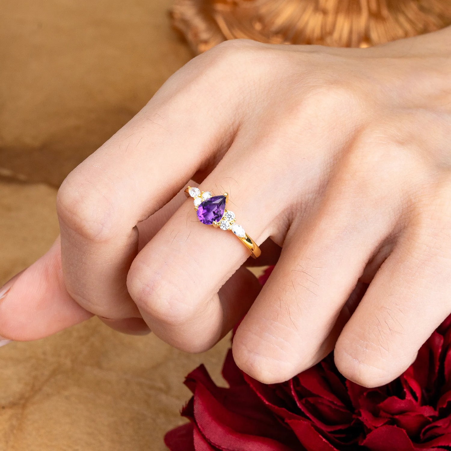 3 Prong Classic Pear Cut Side Stone Amethyst Engagement Ring