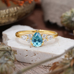 3 Prong Classic Pear Cut Side Stone Aquamarine Engagement Ring
