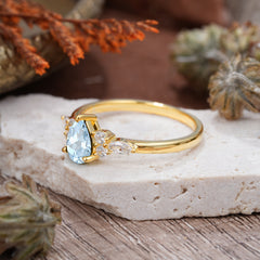 3 Prong Classic Pear Cut Side Stone Aquamarine Engagement Ring