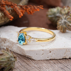 3 Prong Classic Pear Cut Side Stone Aquamarine Engagement Ring