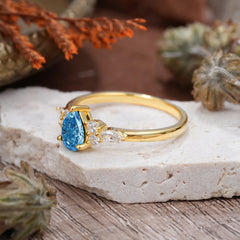 3 Prong Classic Pear Cut Side Stone Aquamarine Engagement Ring