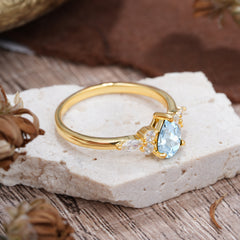 3 Prong Classic Pear Cut Side Stone Aquamarine Engagement Ring