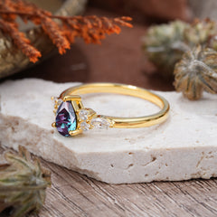 3 Prong Classic Pear Cut Side Stone Alexandrite Engagement Ring