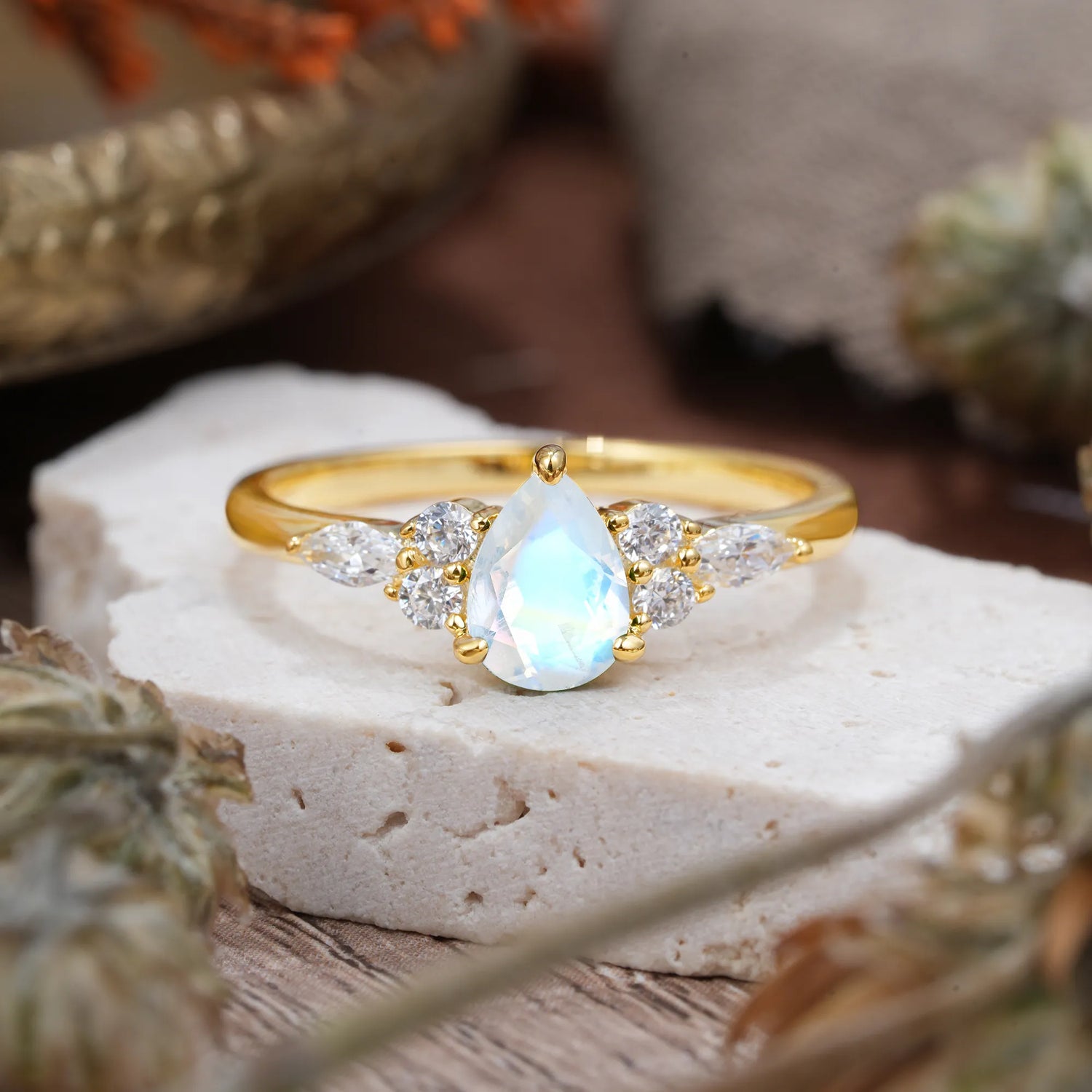Classic Pear Shaped Side Stone Natural Moonstone Engagement Ring - Romalar Jewelry