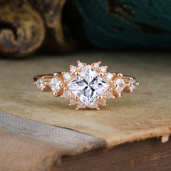 Sparkling Princess Cut Vintage Halo Cluster Moissanite Engagement Ring