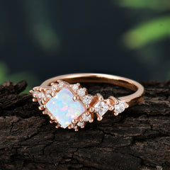 Sparkling Princess Cut Vintage Halo Cluster Opal Engagement Ring