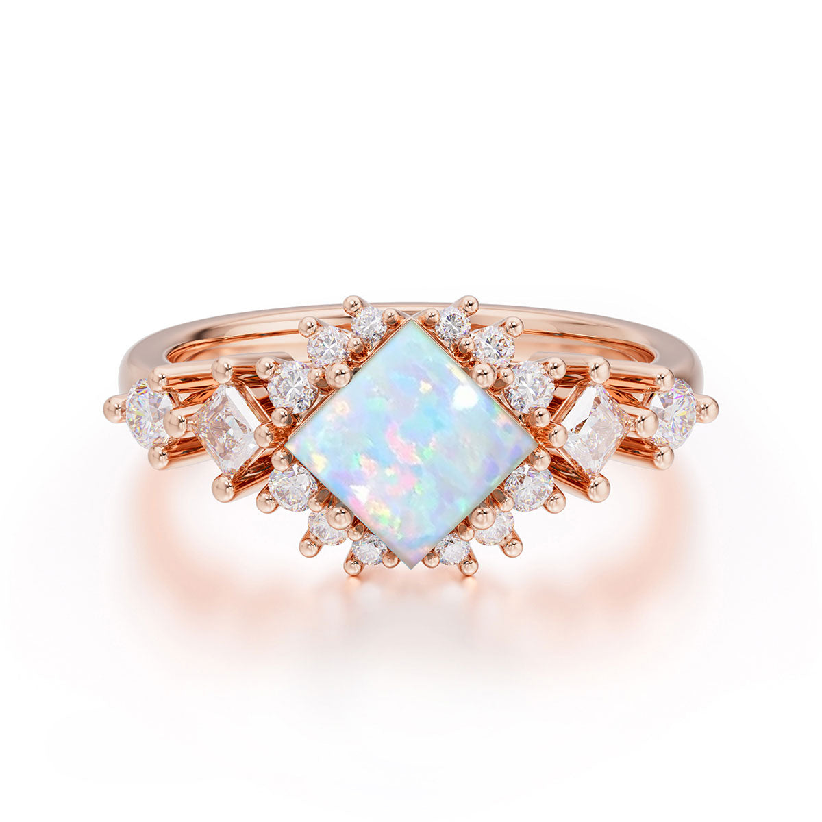Sparkling Princess Cut Vintage Halo Cluster Opal Engagement Ring