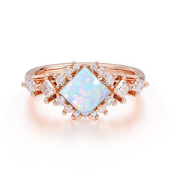 Sparkling Princess Cut Vintage Halo Cluster Opal Engagement Ring