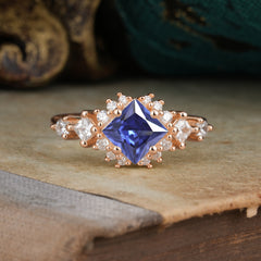 Sparkling Princess Cut Vintage Halo Cluster Tanzanite Engagement Ring