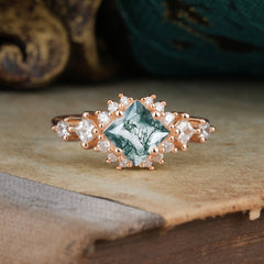 Sparkling Princess Cut Vintage Halo Cluster Moss Agate Engagement Ring