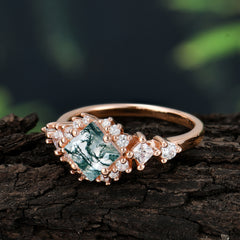 Sparkling Princess Cut Vintage Halo Cluster Moss Agate Engagement Ring