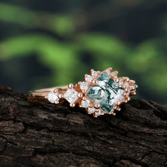 Sparkling Princess Cut Vintage Halo Cluster Moss Agate Engagement Ring