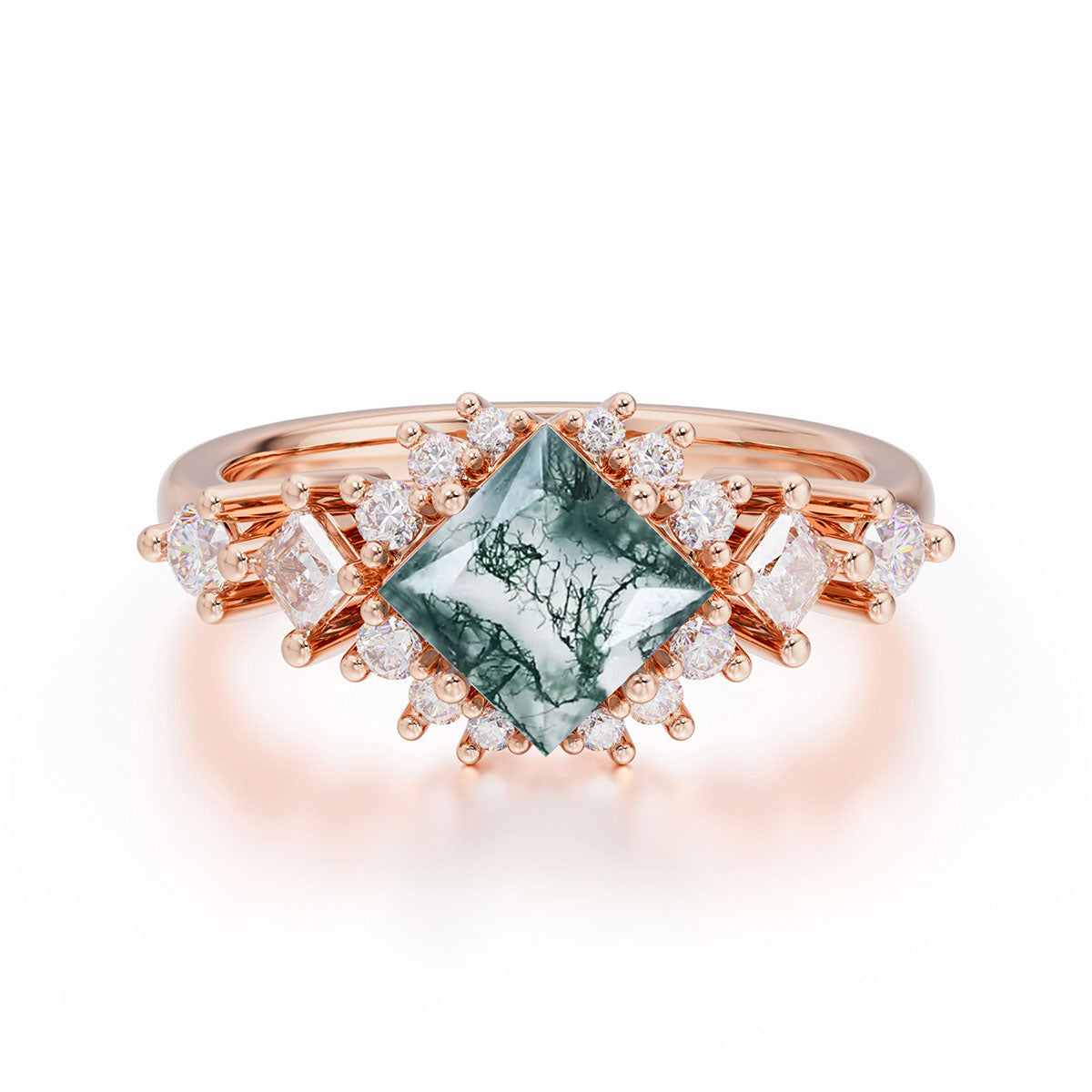 Sparkling Princess Cut Vintage Halo Cluster Moss Agate Engagement Ring