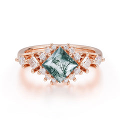 Sparkling Princess Cut Vintage Halo Cluster Moss Agate Engagement Ring