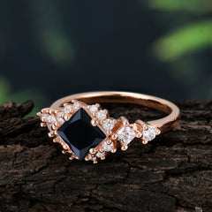 Sparkling Princess Cut Vintage Halo Cluster Black Onyx Engagement Ring