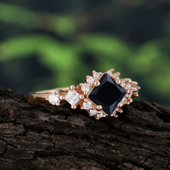 Sparkling Princess Cut Vintage Halo Cluster Black Onyx Engagement Ring