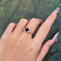 Sparkling Princess Cut Vintage Halo Cluster Black Onyx Engagement Ring