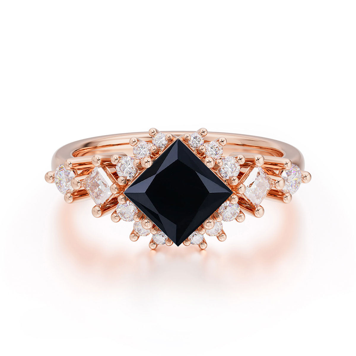 Sparkling Princess Cut Vintage Halo Cluster Black Onyx Engagement Ring