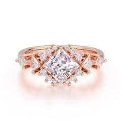 Sparkling Princess Cut Vintage Halo Cluster Moissanite Engagement Ring