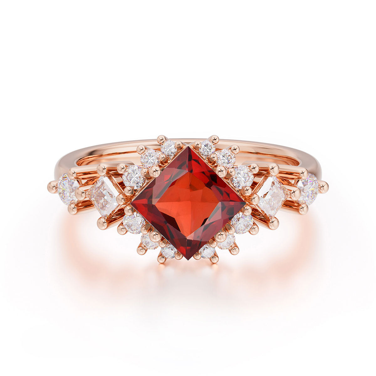 Sparkling Princess Cut Vintage Halo Cluster Garnet Engagement Ring