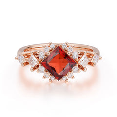 Sparkling Princess Cut Vintage Halo Cluster Garnet Engagement Ring