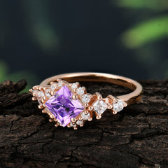 Sparkling Princess Cut Vintage Halo Cluster Amethyst Engagement Ring