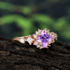 Sparkling Princess Cut Vintage Halo Cluster Amethyst Engagement Ring
