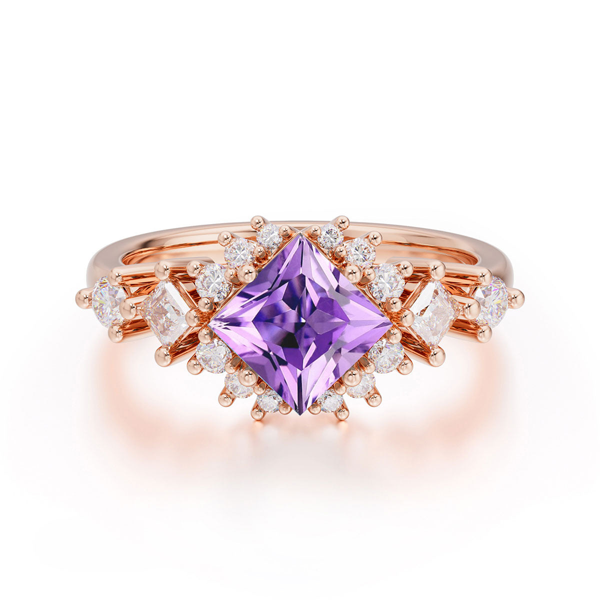 Sparkling Princess Cut Vintage Halo Cluster Amethyst Engagement Ring