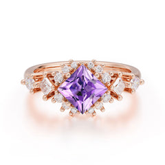 Sparkling Princess Cut Vintage Halo Cluster Amethyst Engagement Ring
