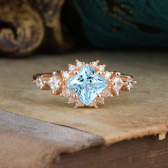 Sparkling Princess Cut Vintage Halo Cluster Aquamarine Engagement Ring