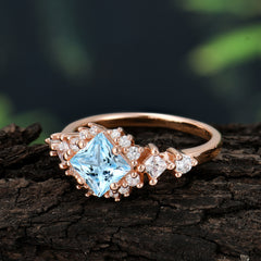 Sparkling Princess Cut Vintage Halo Cluster Aquamarine Engagement Ring