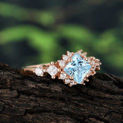 Sparkling Princess Cut Vintage Halo Cluster Aquamarine Engagement Ring