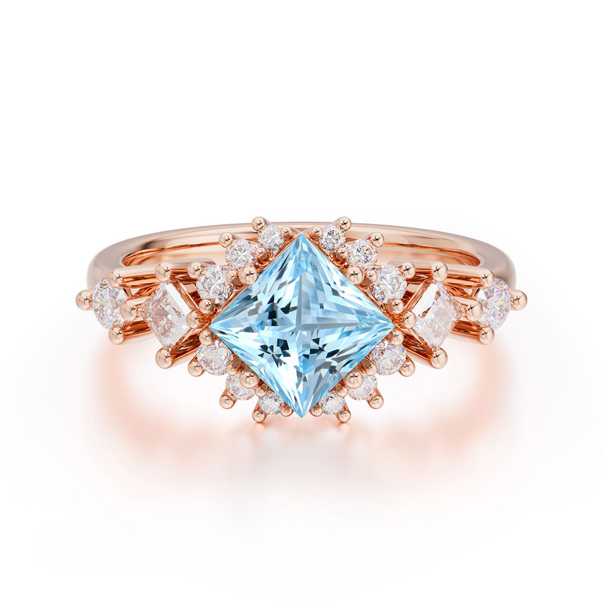 Sparkling Princess Cut Vintage Halo Cluster Aquamarine Engagement Ring
