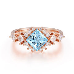Sparkling Princess Cut Vintage Halo Cluster Aquamarine Engagement Ring