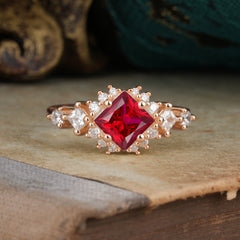 Sparkling Princess Cut Vintage Halo Cluster Ruby Engagement Ring
