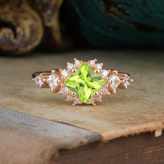 Sparkling Princess Cut Vintage Halo Cluster Peridot Engagement Ring