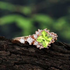 Sparkling Princess Cut Vintage Halo Cluster Peridot Engagement Ring