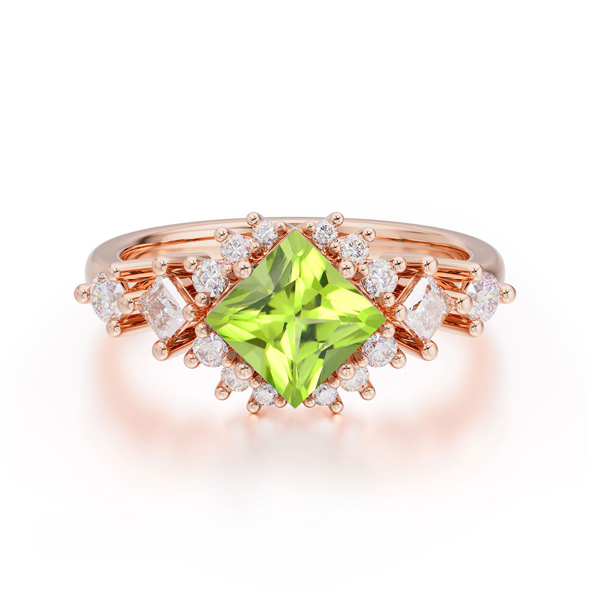 Sparkling Princess Cut Vintage Halo Cluster Peridot Engagement Ring
