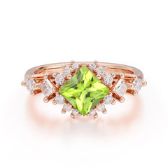 Sparkling Princess Cut Vintage Halo Cluster Peridot Engagement Ring